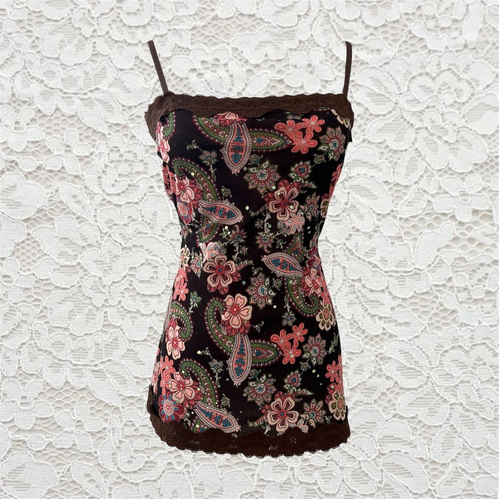vintage y2k pink and brown paisley patterned sheer tank top